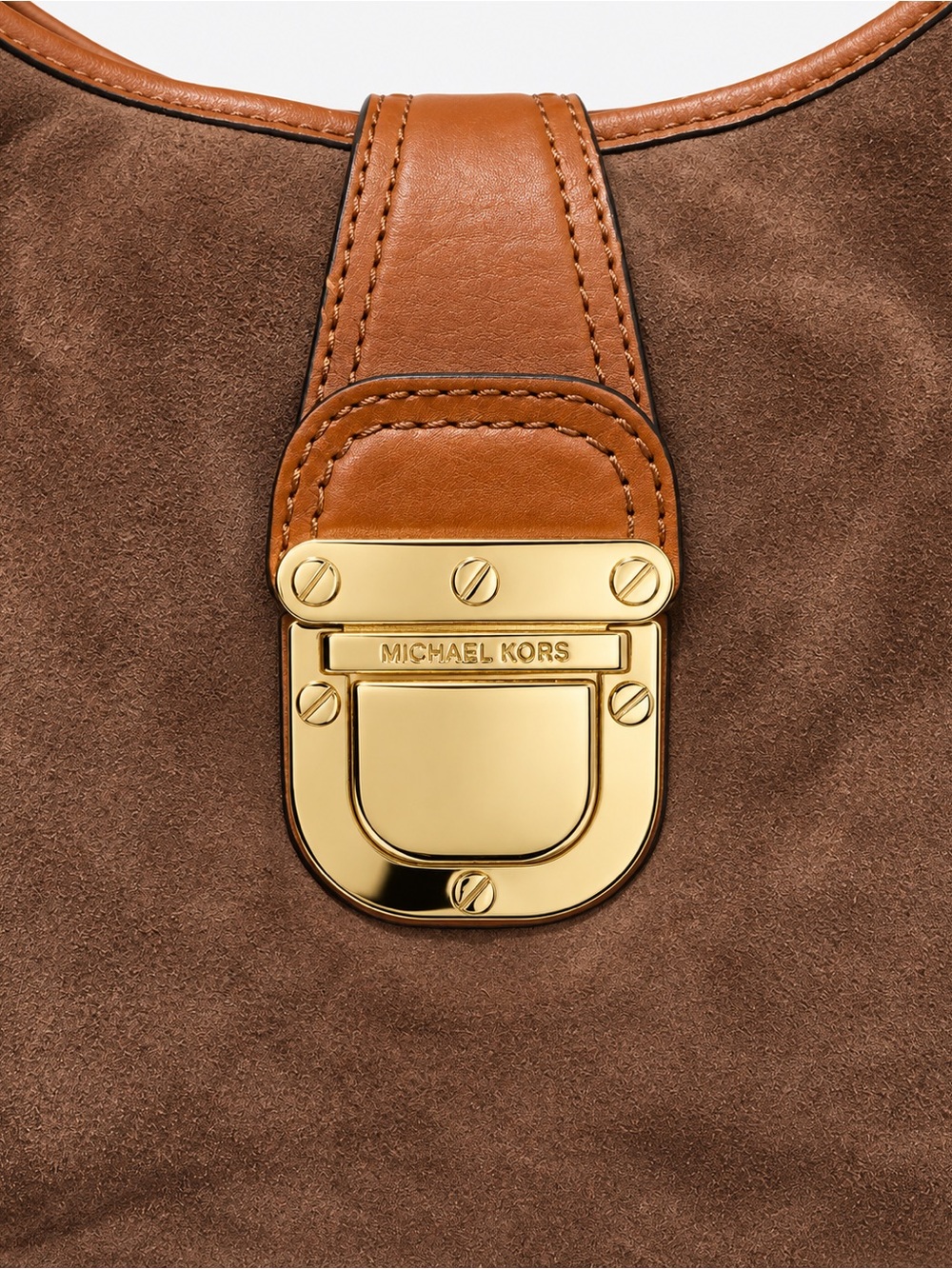 Michael Kors Brown Suede Shoulder Bag with Tan Leather Trim and Gold Hardware
